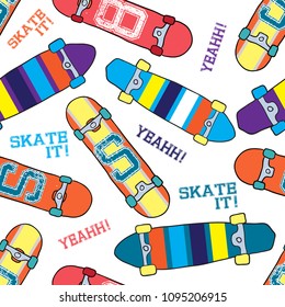 
skateboard pattern. Seamless bright abstract pattern with skateboard. Prints for T-shirts, textiles, clothes, sports, and more