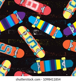 skateboard pattern. Seamless bright abstract pattern with skateboard. Prints for T-shirts, textiles, clothes, sports, and more