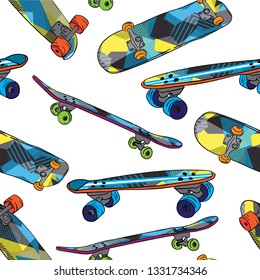 skateboard pattern. Seamless bright abstract pattern with skateboard. Prints for T-shirts, textiles, clothes, sports, and more