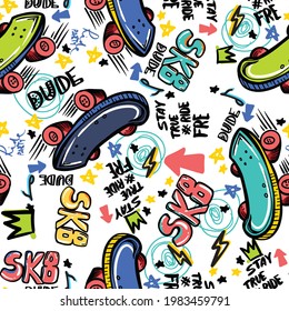 skateboard pattern. Seamless bright abstract pattern with skateboard. Prints for T-shirts, textiles, clothes, sports, and more