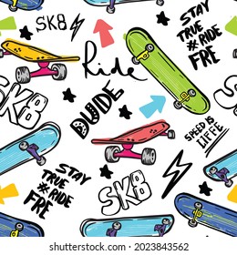 skateboard pattern. Seamless bright abstract pattern with skateboard. Prints for T-shirts, textiles, clothes, sports, and more