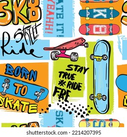 skateboard pattern. Seamless bright abstract pattern with skateboard. Prints for T-shirts, textiles, clothes, sports, and more