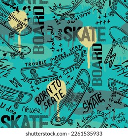 skateboard pattern. Seamless bright abstract pattern with skateboard. Prints for T-shirts, textiles, clothes, sports, and more