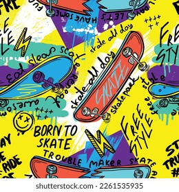 skateboard pattern. Seamless bright abstract pattern with skateboard. Prints for T-shirts, textiles, clothes, sports, and more