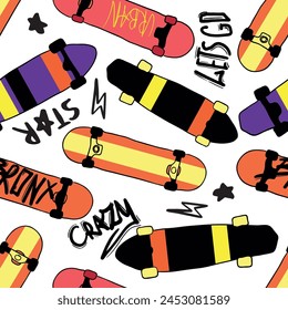 patrón de patineta. Patrón abstracto brillante sin costuras con patineta. Estampados para camisetas, textiles, ropa, deportes y más