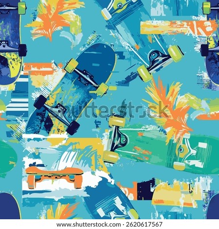 skateboard pattern. Seamless bright abstract pattern with skateboard. Prints for T-shirts, textiles, clothes, sports, and more