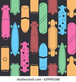 Skateboard pattern with vector various skate decks in flat design. Skateboarding  seamless background with boards of different colors and types.