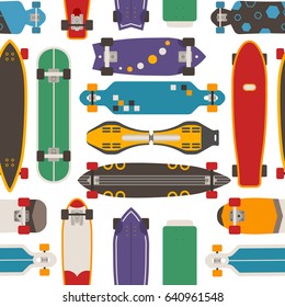 Skateboard pattern with vector various skate decks in flat design. Skateboarding  seamless background with boards of different colors and types.
