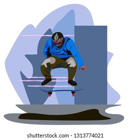 A skateboard performs a stunt jump. Vector.