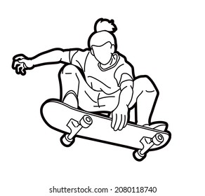 Skateboard Player Action Extreme Sport Skateboarder Cartoon Graphic Vector