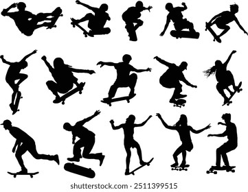 Skateboard player silhouette illustration. People posing while skateboarding.