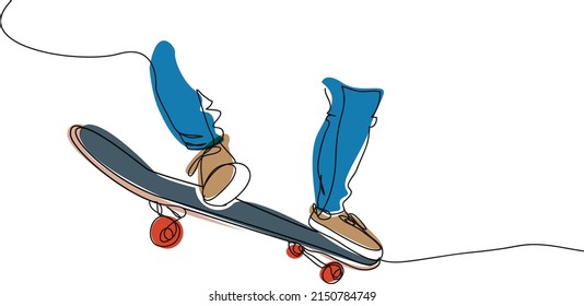 Skateboard playing line drawing vector illustration.