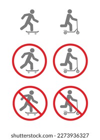 skateboard and poosh scooter with person sportsman warning sign icon set