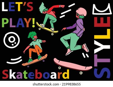 Skateboard pose vector illustration with color and full color title. Surrounded with abstract hand drawn line.