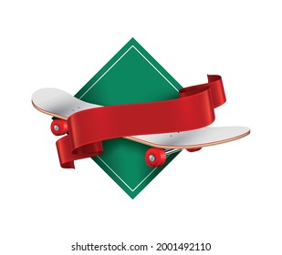 Skateboard realistic emblem with sport inventory decorated with red ribbon vector illustration