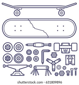 Skateboard repair icon set. Skating and skateboarding tools for repairing service. Skate board repairs equipment. Multi tool, screw-bolt, truck, wheels, screwdriver items pack and cracked skate deck.