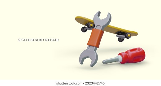 Skateboard repair master services. Quick recovery, preventive works. Redesign of board, replacement of parts. Vector concept for website, page, advertising poster
