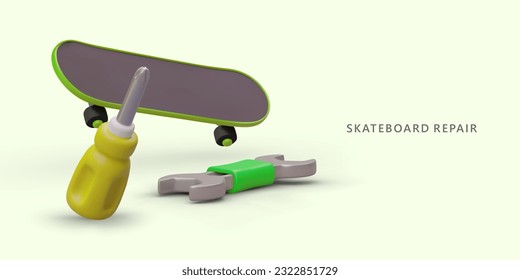 Skateboard repair shop. Restoration of penny boards. Setting up longboards. Services and advice of master. Bright horizontal poster with 3D board, screwdriver, wrench