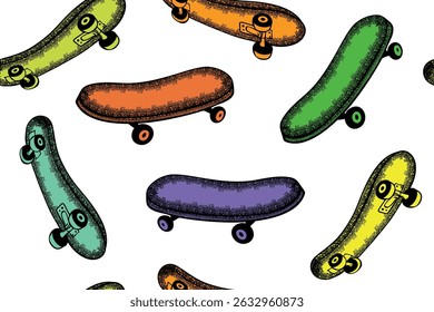 Impressão de repetição de skate. Skate board padrão sem costura. Ilustração texturizada de skate desenhada à mão. Padrão de repetição sem emenda do vetor.