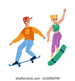 Skateboard Riding Boy And Girl Together Vector. Teenagers Ride Skateboard In Extreme Park, Skateboarders Enjoying Extremal Sport And Jumping Tricks. Characters Skateboarding Flat Cartoon Illustration