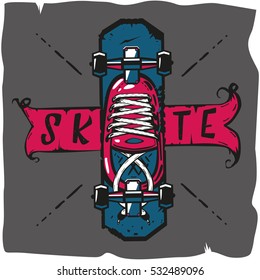 Skateboard riding typography isolated vector illustration. Urban skaters label or t-shirt print. Extreme skateboarding fashion graphics, sportswear apparel print, modern youth culture, sport artwork
