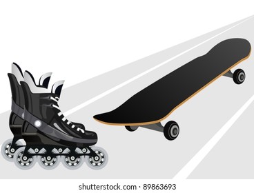 Skateboard and roller skates on the background of the road. The illustration on a white background.