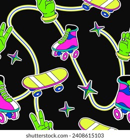 Skateboard and rollers shoes for skating, sparkling star decoration and thread uniting objects. Modern bright composition. Seamless pattern, wallpaper print or background. Vector in flat style