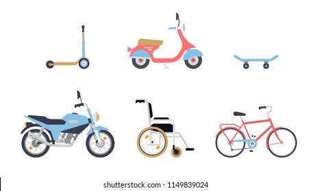 Skateboard and scooter. Bicycle and wheelchair. A set of vehicles. Modern types of means of street transportation in transport: scooter, sports bike, bicycle. Moto vehicles symbols flat vector.