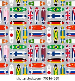 Skateboard seamless pattern. Background with various skateboards with flags. Flat design set. Colorful skateboard objects set on gray background. Vector illustration. 