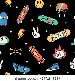 Skateboard seamless pattern. Skateboard background.Vector seamless pattern with illustrations of skateboards, lightnings, caps, and peace hand signs.