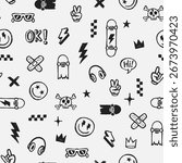 Skateboard seamless pattern. Skateboard background.Vector line art style seamless pattern with illustrations of skateboards, lightning, caps, and hand signs.