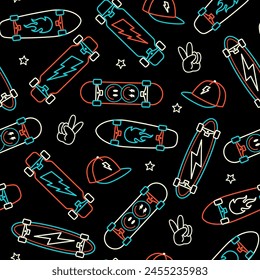 Skateboard seamless pattern. Skateboard background.Vector line art style seamless pattern with illustrations of skateboards, lightning, caps, and hand signs.