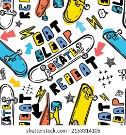 skateboard seamless pattern. Seamless bright abstract pattern with skateboard. Prints for T-shirts, textiles, clothes, sports, and more