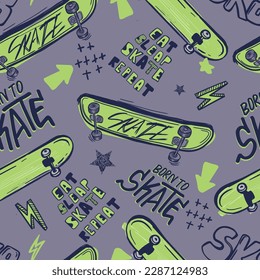 skateboard seamless pattern. Seamless bright abstract pattern with skateboard. Prints for T-shirts, textiles, clothes, sports, and more