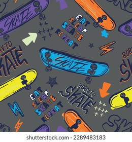 skateboard seamless pattern. Seamless bright abstract pattern with skateboard. Prints for T-shirts, textiles, clothes, sports, and more