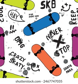 skateboard seamless pattern. Seamless bright abstract pattern with skateboard. Prints for T-shirts, textiles, clothes, sports, and more