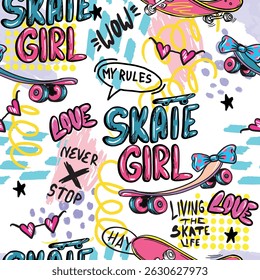 skateboard seamless pattern. Seamless bright abstract pattern with skateboard. Prints for T-shirts, textiles, clothes, sports, and more