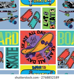 skateboard seamless pattern. Seamless bright abstract pattern with skateboard. Prints for T-shirts, textiles, clothes, sports, and more