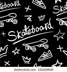 Skateboard seamless pattern. Hand drawing texture, abstract, vintage design for t-shirt, textile, black, white.
