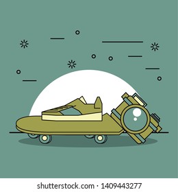 Skateboard shoe and camera cool cartoons vector illustration graphic design