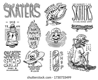 Skateboard shop badges and logo set. Vintage retro Templates for t-shirts and typography. Street dinosaur and skeletons ride on the boards concept. Fiery head and skull. Hand Drawn engraved sketch.