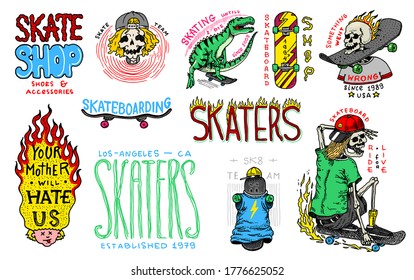 Skateboard shop badges and logo set. Vintage retro Templates for t-shirts and typography. Street dinosaur and skeletons ride on the boards concept. Fiery head and skull. Hand Drawn engraved sketch.