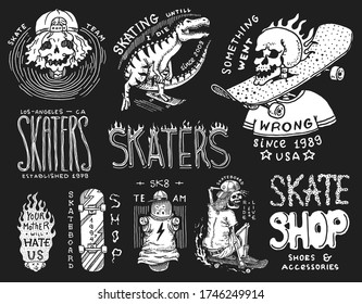 Skateboard shop badges set. Dinosaur and skeletons ride on the boards concept. Fiery head and skull. Vintage retro labels for t-shirts and typography. Hand Drawn engraved sketch.