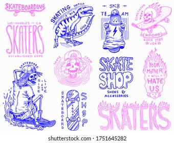 Skateboard shop badges set. Dinosaur and skeletons ride on the boards concept. Fiery head and skull. Vintage retro labels for t-shirts and typography. Hand Drawn engraved sketch.