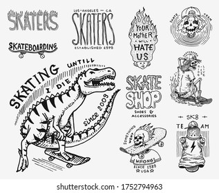 Skateboard shop badges set. Dinosaur and skeletons ride on the boards concept. Fiery head and skull. Vintage retro labels for t-shirts and typography. Hand Drawn engraved sketch.