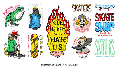 Skateboard shop badges set. Dinosaur and skeletons ride on the boards concept. Fiery head and skull. Vintage retro labels for t-shirts and typography. Hand Drawn engraved sketch.