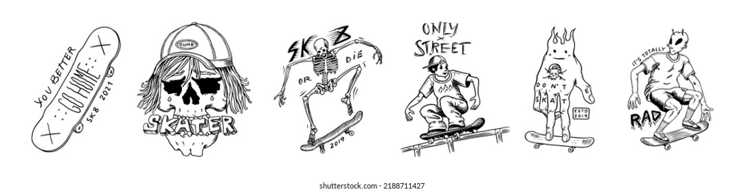 Skateboard shop set. Skeletons ride on the boards. Fiery head and skull. Vintage retro labels and badges for t-shirts and typography. Hand Drawn engraved sketch