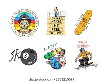 Skateboard shop set. Skeletons ride on the boards. Fiery head and skull. Vintage retro labels and badges for t-shirts and typography. Hand Drawn engraved sketch