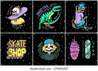 Skateboard shop stickers set. Dinosaur and skeletons ride on the boards badges. Fiery head and skull. Vintage retro labels for t-shirts and typography. Hand Drawn engraved sketch.