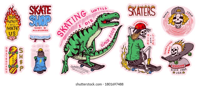 Skateboard shop stickers set. Dinosaur and skeletons ride on the boards badges. Fiery head and skull. Vintage retro labels for t-shirts and typography. Hand Drawn engraved sketch.